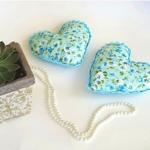 Heart Pillows [2] Reversible 7" Spring Floral Turquoise Green Cotton Rick Rack